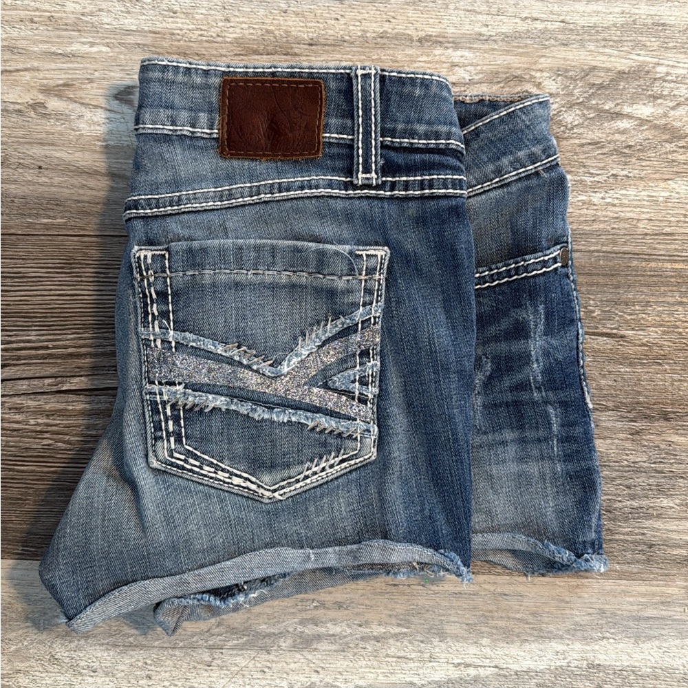 BKE Starlite Blue Jean Shorts with Brown Patch